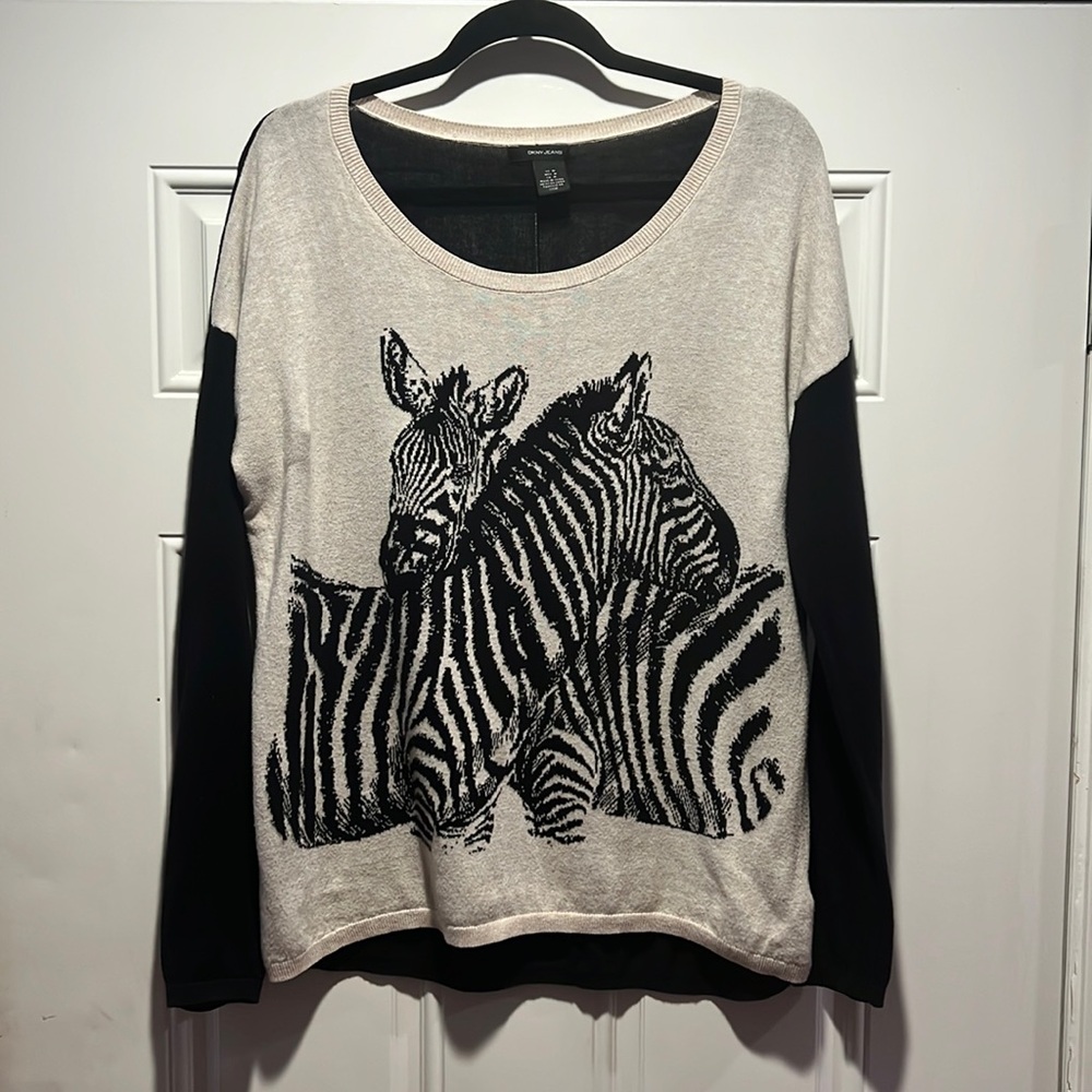 DKNY Zebra Cotton Crewneck Pullover Sweater Oatmeal Size: M